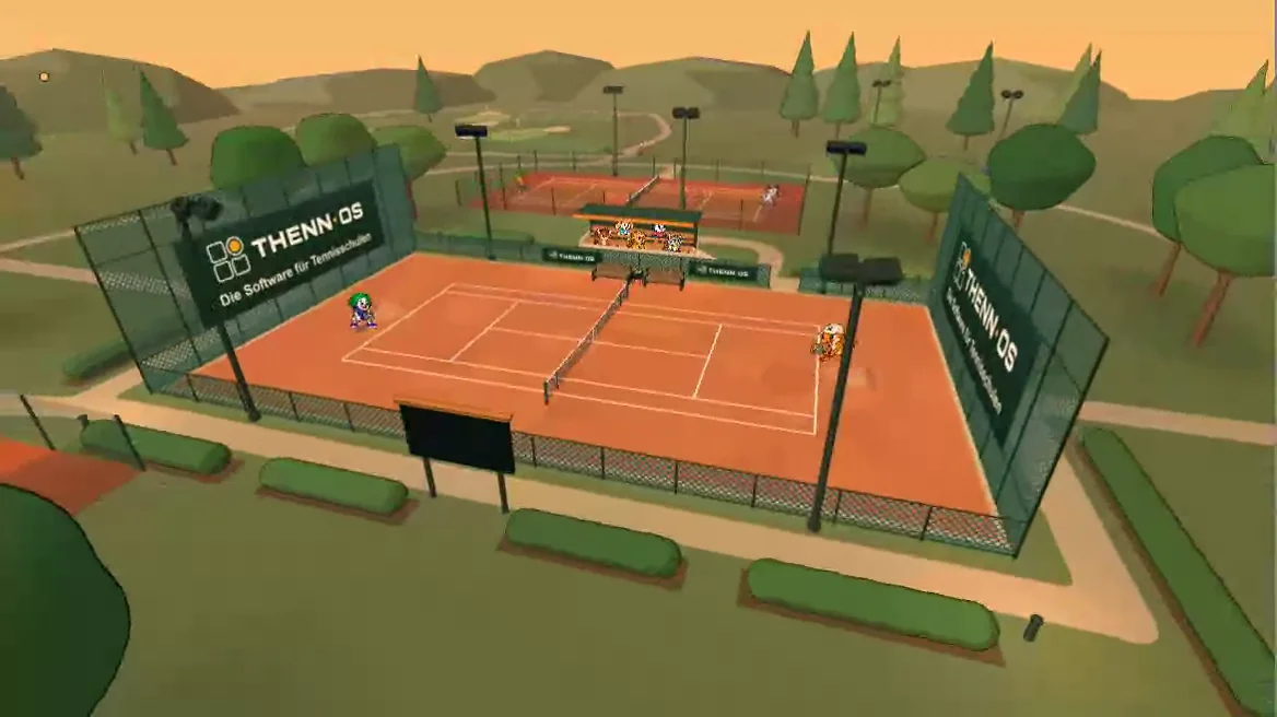 Sticky und Joker auf dem Sandplatz in der Abendsonne – der Court aus Sticky Smash vor dem Match.